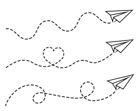 Paper plane with dashed flight path. Curved, looped, and heart-shaped route lines. Transparent background PNG and vector travel illustration.