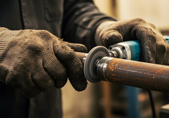 Closeup of a worker using a grinder on a metal pipe with safety gloves