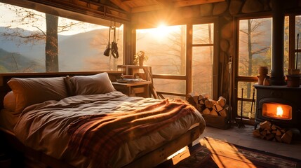 Rustic cabin with a wooden bed and a vintage brass lamp, warm amber light casting long shadows, misty mountains in the distance, earthy tones. 