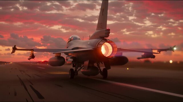 Fighter jet on runway at sunset