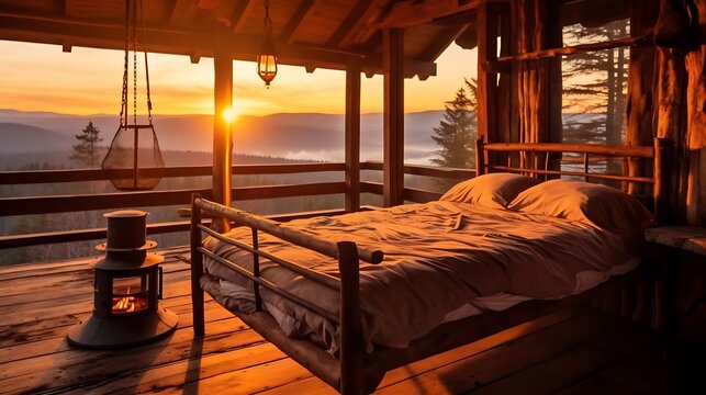 Rustic cabin with a wooden bed and a vintage brass lamp, warm amber light casting long shadows, misty mountains in the distance, earthy tones.