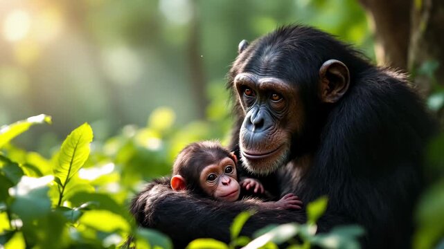 Chimpanzee mother holding her baby in a lush forest