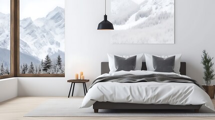 Scandinavian-inspired room with a white bed and a black lamp, soft gray light enveloping the space, snow-covered mountains visible through the window, minimalist design. 