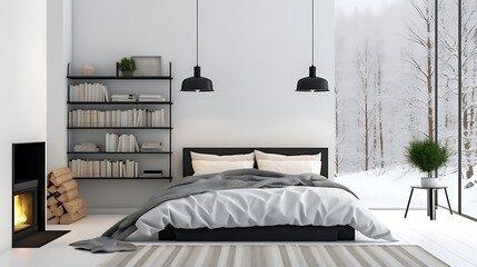 Scandinavian-inspired room with a white bed and a black lamp, soft gray light enveloping the space, snow-covered mountains visible through the window, minimalist design. 