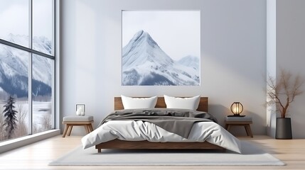 Scandinavian-inspired room with a white bed and a black lamp, soft gray light enveloping the space, snow-covered mountains visible through the window, minimalist design. 