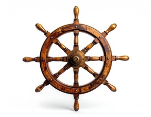 Ornate wooden ship's wheel with brass hub, eight spokes, and polished wood grain, isolated on white