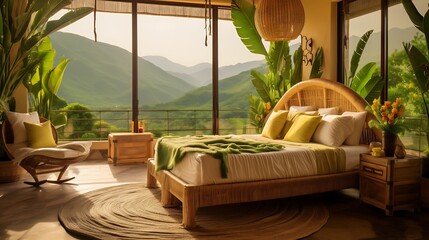Tropical bedroom with a bamboo bed and a rattan lamp, warm yellow light spilling onto the floor, lush green mountains outside, exotic vibe. 