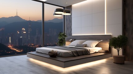 Urban apartment with a platform bed and a pendant lamp, cool white light illuminating the space, city lights and mountains visible through the window, modern aesthetic. 