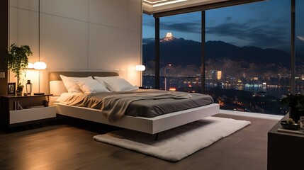Urban apartment with a platform bed and a pendant lamp, cool white light illuminating the space, city lights and mountains visible through the window, modern aesthetic. 