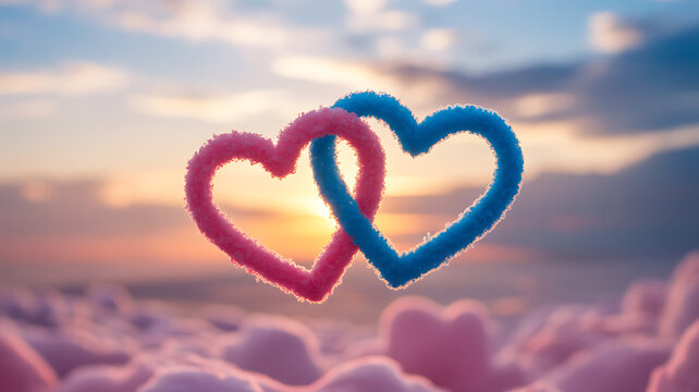 Two interlocking heart shapes in pink and blue against a sunset sky with soft clouds