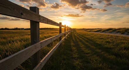 Fototapeta premium Wooden fence at sunset in a field
