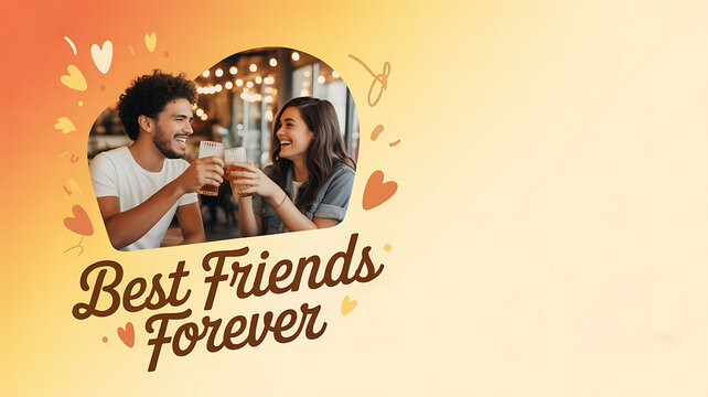A couple sharing a joyful moment over drinks, framed in a heart-shaped window with the text 'Best Friends Forever' on a warm, decorative background.