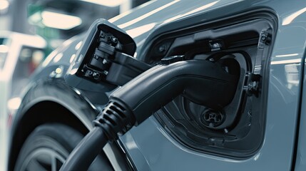 Fototapeta premium A close-up of an electric vehicle charging connector plugged into a vehicle, showcasing modern automotive technology.