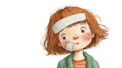 A young girl with curly red hair and a playful expression, sporting bandages on her forehead and cheek, showcasing a mix of innocence and resilience.