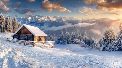 Old cottage in winter mountains, a house in the snow, A lonely hut in a snowy winter paradise in