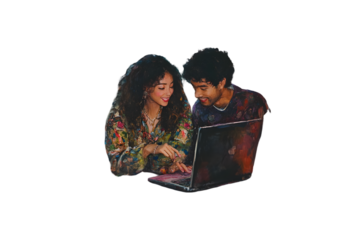 Young couple excitedly plans a trip together using a laptop, dreaming of their romantic getaway, sharing smiles and laughter as they envision beautiful destinations and create unforgettable memories