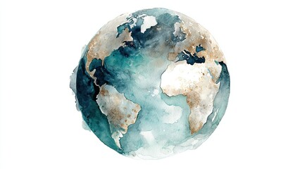 A watercolor illustration of Earth, showcasing continents and oceans in soft blue and green tones, evoking a sense of global awareness and beauty.