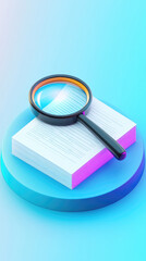 Creative abstract business background featuring book with magnifying glass for World Book Day technology education concept. Modern 3D illustration design for digital marketing materials and poster bac