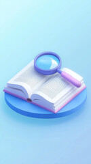 Creative abstract business background featuring book with magnifying glass for World Book Day technology education concept. Modern 3D illustration design for digital marketing materials and poster bac