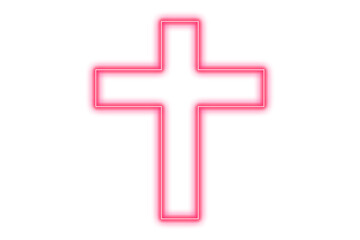Obraz premium Glowing neon pink cross symbol lighting up the dark abstract religious icon