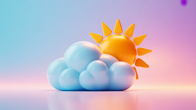 3D-rendered sun partially obscured by fluffy clouds against a soft gradient sky