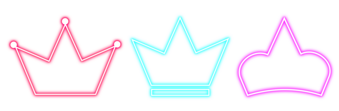 Three distinct neon crown lights glowing in vibrant pink cyan and purple