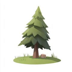 Cartoon Style Pine Tree With Grass and Rock on White Background