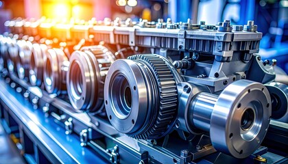 A close-up of industrial machinery showing a sequence of gears and metallic components in a factory setting, with bright overhead lighting