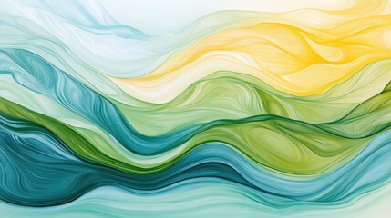 Fototapeta premium A tranquil abstract background with soft, flowing waves of green, blue, and yellow, creating a sense of peace and serenity, like a gentle river stream or calm ocean waves