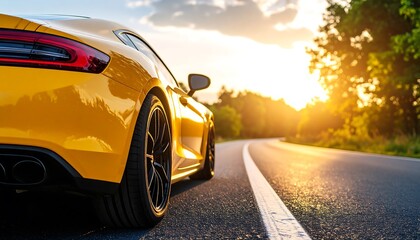 Yellow sports car on a road at sunset