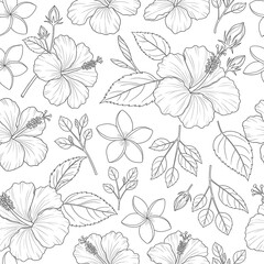 Elegant tropical flower outlines create seamless decorative backdrop