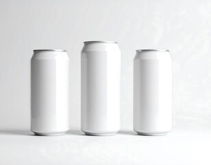 Three blank white aluminum cans mockup in different sizes, ideal for drink branding on a minimalist background.