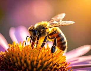 Bee on flower in sunlight