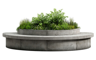 Circular concrete planter with lush green plants and flowers Keywords: planter, garden isolated on a transparent background