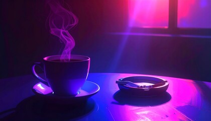 Steaming Coffee Cup and Ashtray Under Vibrant Neon Lighting