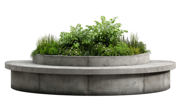Circular concrete planter with lush green plants and flowers Keywords: planter, garden isolated on a transparent background