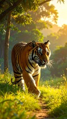 Majestic Tiger Walking Through a Sun drenched Tropical Jungle Path
