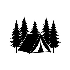 Obraz premium Vector art of black silhouette of a camping tent pitched among pine trees
