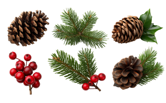 Assorted Pine Cones Evergreen Sprigs and Red Berries isolated on a transparent background
