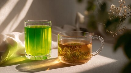 Flat Lay of Fresh Green Celery Juice and Herbal Tea in Glasses on a Neutral Background with Copy Space