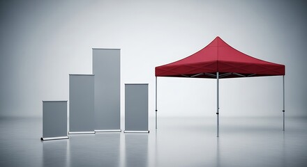 Red Canopy Tent and Silver Roll-Up Banners on White Background, Studio Shot.