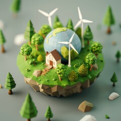 Naklejka premium Miniature landscape featuring a model of wind turbines, trees, and a small house in a green world
