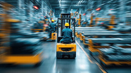 Forklift Operator in Industrial Warehouse with Motion Blur Background for Stock Photography