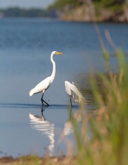 Fototapeta premium Two egrets on calm water