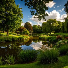 Fototapeta premium Tranquil park scene with a pond reflecting trees and sky. Lush greenery surrounds a calm water feature, under a partly cloudy sky
