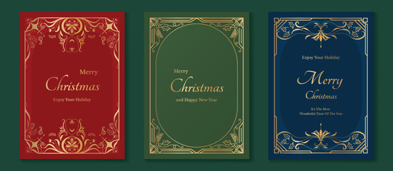 Fototapeta na wymiar Christmas and Happy Holidays poster vector set. Luxury card template with Victoria frame, leaves and ornament vintage border on navy blue background. Design illustration for cover, poster, packaging.