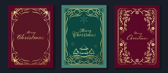 Fototapeta na wymiar Christmas and Happy Holidays poster vector set. Luxury card template with Victoria frame, christmas tree and ornament vintage border on red and green background. Design for cover, poster, packaging.