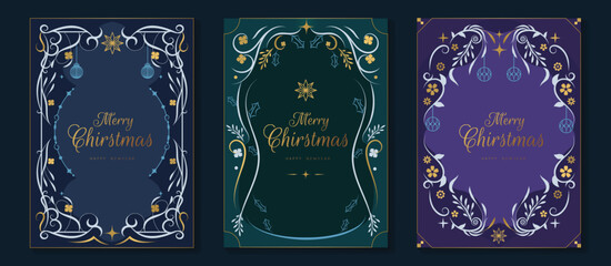 Fototapeta na wymiar Christmas and Happy Holidays poster vector set. Luxury card template with Victoria frame, leaf and ornament vintage border on red, green background. Design illustration for cover, poster, packaging.