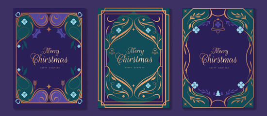 Fototapeta na wymiar Christmas and Happy Holidays poster vector set. Luxury card template with Victoria frame, leaves and ornament vintage border on navy blue background. Design illustration for cover, poster, packaging.