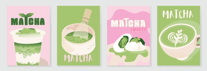 Fototapeta na wymiar Matcha Green tea drinks poster template design set. Wallpaper of beverage, matcha latte art, green tea iced,Matcha mochi. Vector illustration for promotion, marketing, menu, packaging, ads.